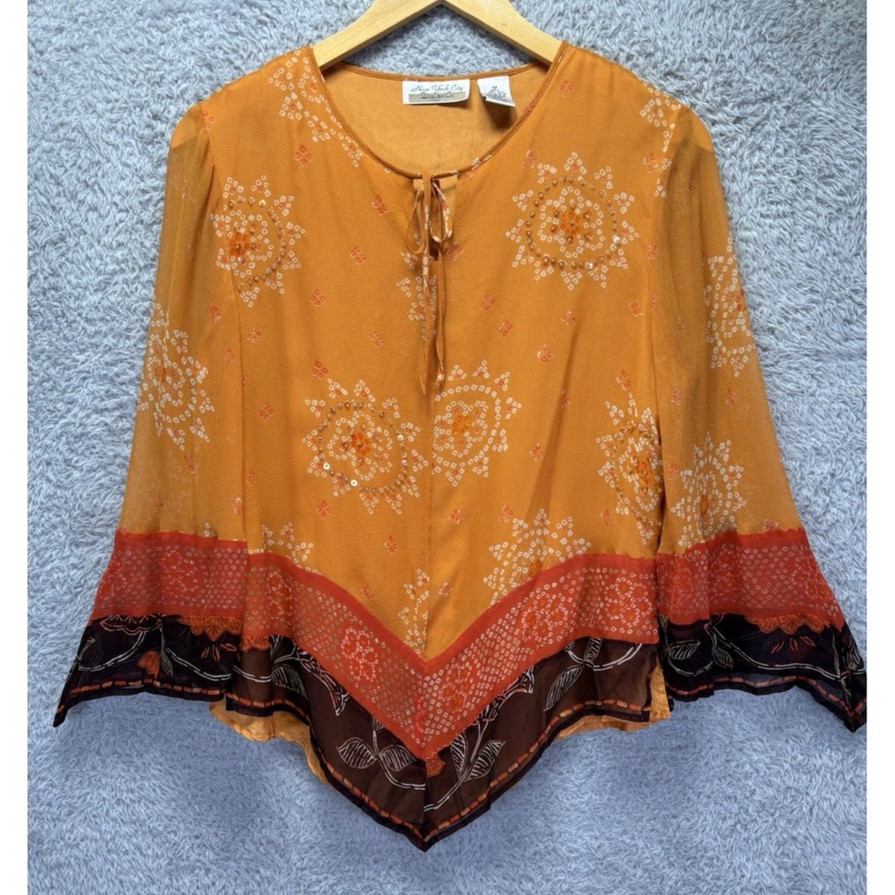 New York City Design Co Silk Orange Mandala Sequin Handkerchief Bell Sleeve